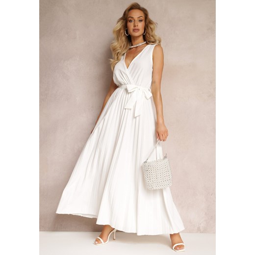 Biała Rozkloszowana Sukienka Maxi z Plisowanym Dołem i Gumką w Talii Sare ze sklepu Renee odzież w kategorii Sukienki - zdjęcie 159096622