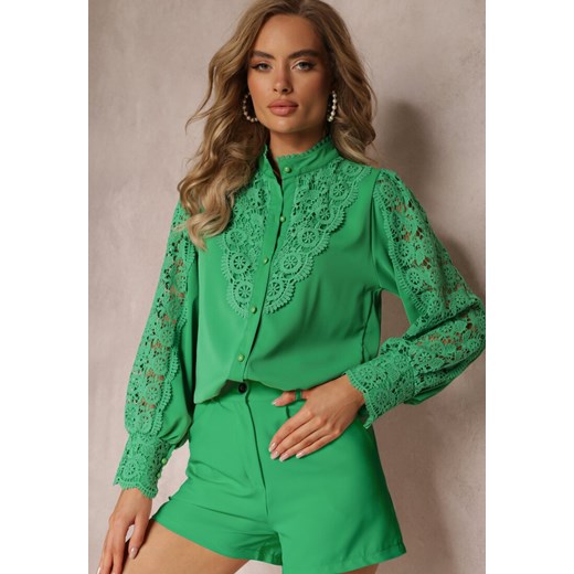 Zielona Koronkowa Koszula ze Stójką Begone ze sklepu Renee odzież w kategorii Koszule damskie - zdjęcie 159096832