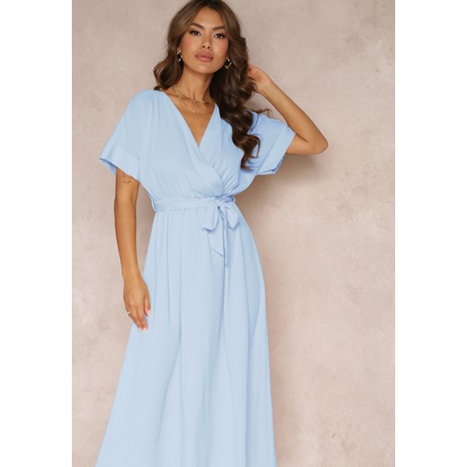 Jasnoniebieska Kopertowa Sukienka Maxi z Gumką w Talii i Rozkloszowanym Dołem z Renee L okazyjna cena Renee odzież