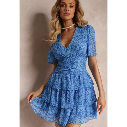 Niebieska Sukienka Mini z Falbankami i Marszczeniem w Talii Kraisa ze sklepu Renee odzież w kategorii Sukienki - zdjęcie 159100880