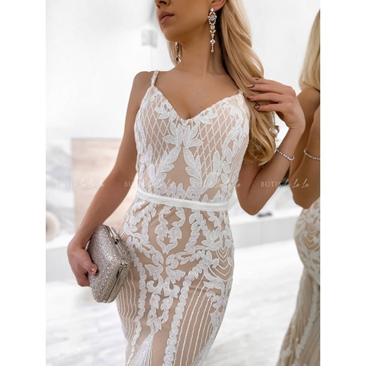 sukienka biało beżowa z ozdobnymi koralikami Jenis Butik Lalala M butiklalala