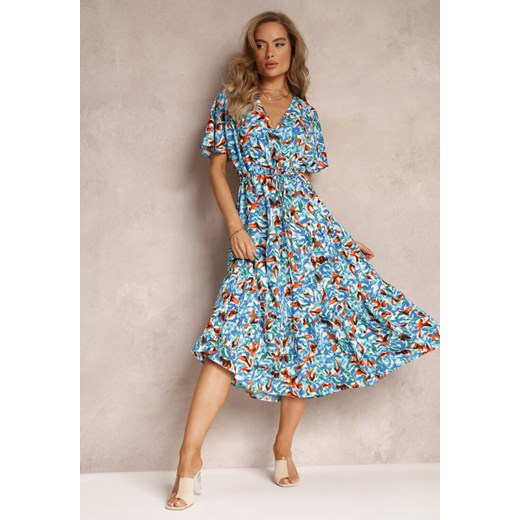 Niebieska Sukienka Midi ze Ściągaczem w Talii i Krótkimi Rękawami Rhoslana ze sklepu Renee odzież w kategorii Sukienki - zdjęcie 159161072