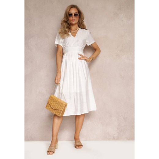 Biała Haftowana Sukienka Midi z Gumkami w Talii i Krótkimi Rękawami Makala ze sklepu Renee odzież w kategorii Sukienki - zdjęcie 159161082