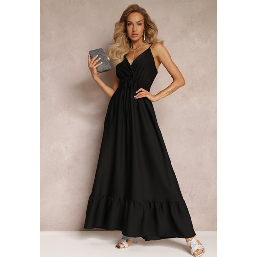 Czarna Długa Sukienka Maxi z Falbaną na Dole i Gumką w Talii Sherrie ze sklepu Renee odzież w kategorii Sukienki - zdjęcie 159165351