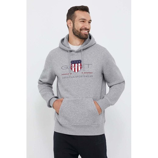 Gant bluza męska kolor szary z kapturem z aplikacją ze sklepu ANSWEAR.com w kategorii Bluzy męskie - zdjęcie 159168624