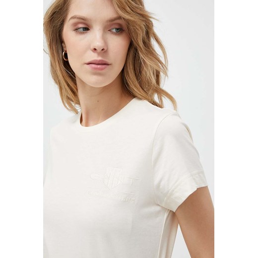 Gant t-shirt bawełniany kolor beżowy ze sklepu ANSWEAR.com w kategorii Bluzki damskie - zdjęcie 159169070