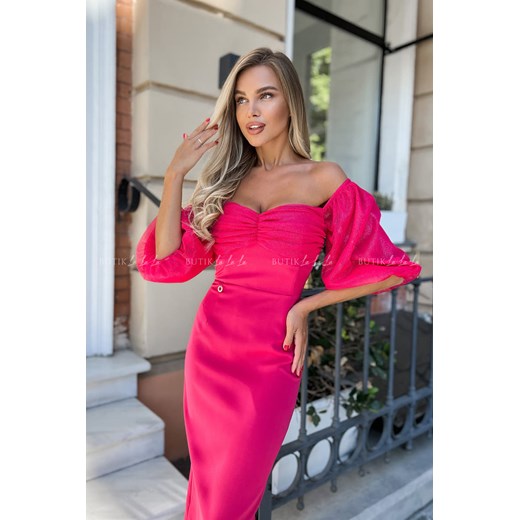 Sukienka różowa z ozdobnym rękawem Ashley Butik Lalala 40 butiklalala