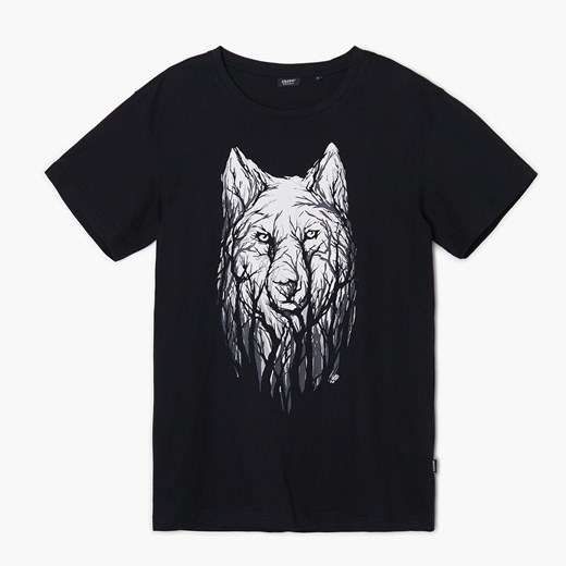 Cropp - Czarna koszulka z nadrukiem wilka - Czarny Cropp S Cropp