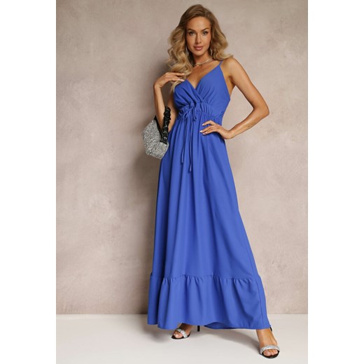 Niebieska Długa Sukienka Maxi z Falbaną na Dole i Gumką w Talii Sherrie Renee L promocja Renee odzież