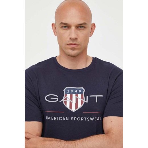Gant t-shirt bawełniany kolor granatowy z nadrukiem ze sklepu ANSWEAR.com w kategorii T-shirty męskie - zdjęcie 159191142