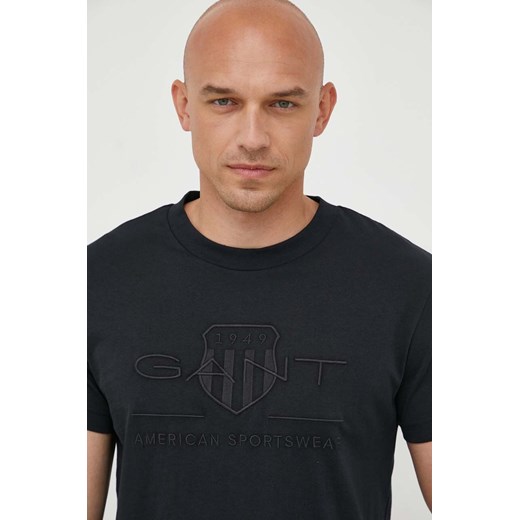 Gant t-shirt bawełniany kolor czarny z aplikacją ze sklepu ANSWEAR.com w kategorii T-shirty męskie - zdjęcie 159191270