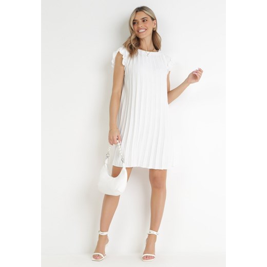 Biała Pudełkowa Sukienka Mini z Plisowanej Tkaniny z Wiskozy i Bawełny Ematisa XL okazyjna cena Born2be Odzież