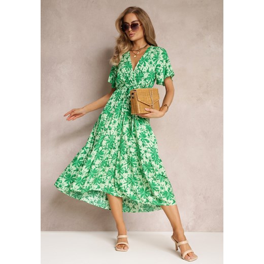 Zielona Rozkloszowana Sukienka Midi z Kopertowym Dekoltem i Gumką w Talii z Wiskozy Lyan ze sklepu Renee odzież w kategorii Sukienki - zdjęcie 159194464