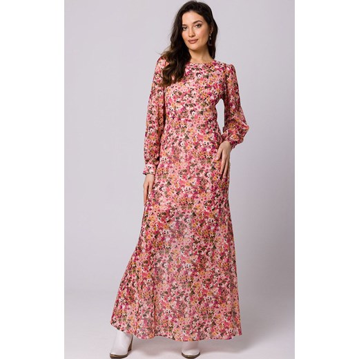 Sukienka Makover z odkrytymi ramionami różowa w serek z długim rękawem 