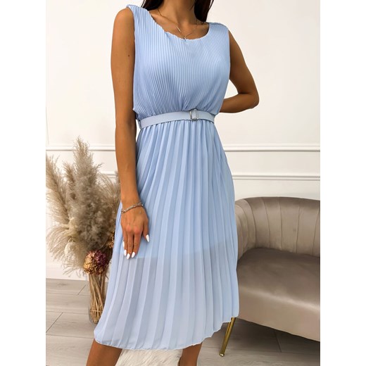 Błękitna Plisowana Sukienka z Paskiem Modnakiecka.pl 44 ModnaKiecka.pl