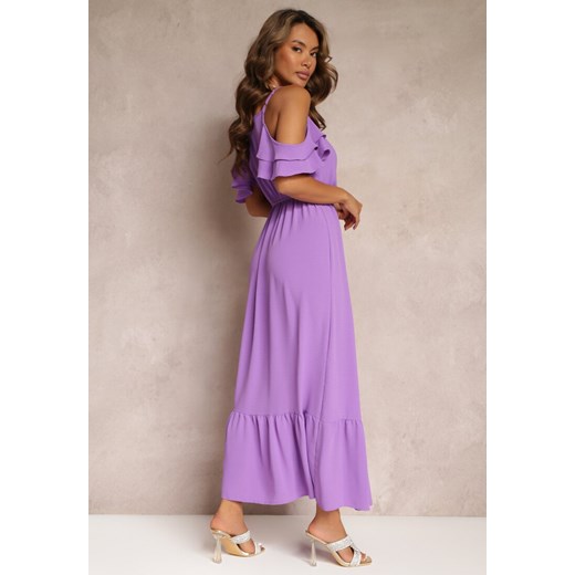 Fioletowa Sukienka Maxi Open Shoulder na Cienkich Ramiączkach z Gumką w Talii Renee XL/XXL wyprzedaż Renee odzież