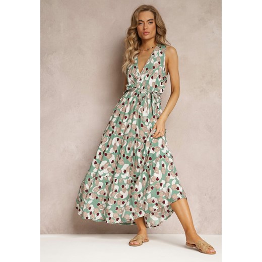 Zielona Wiskozowa Sukienka Maxi z Materiałowym Paskiem i Gumką w Talii Aconett ze sklepu Renee odzież w kategorii Sukienki - zdjęcie 159240732