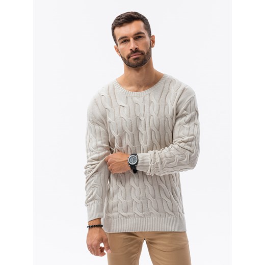 Sweter męski z warkoczowym splotem - kremowy V1 E195 XXL ombre