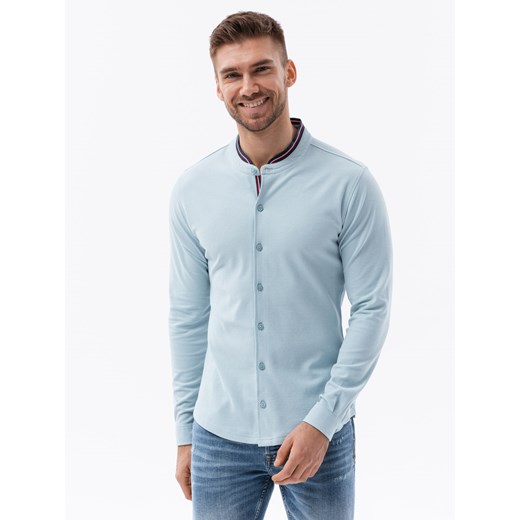 Koszula męska dzianinowa z długim rękawem - błękitna V3 K542 ze sklepu ombre w kategorii Koszule męskie - zdjęcie 159246643