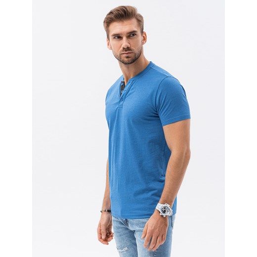 T-shirt męski bez nadruku z guzikami - niebieski melanż V2 S1390 ze sklepu ombre w kategorii T-shirty męskie - zdjęcie 159246761
