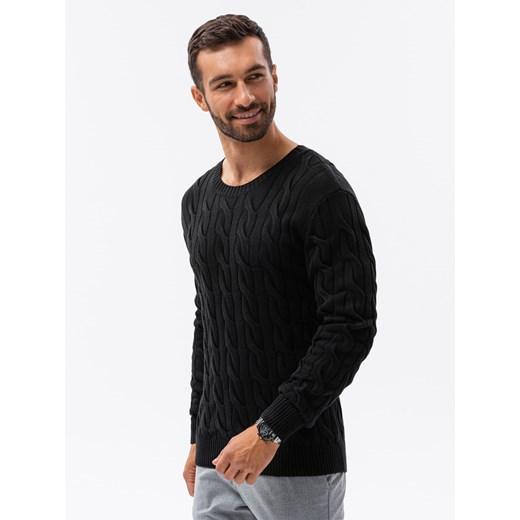 Sweter męski z warkoczowym splotem - czarny V3 E195 ze sklepu ombre w kategorii Swetry męskie - zdjęcie 159247310