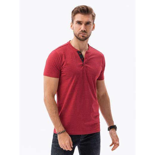 T-shirt męski bez nadruku z guzikami - czerwony melanż V1 S1390 ze sklepu ombre w kategorii T-shirty męskie - zdjęcie 159247573