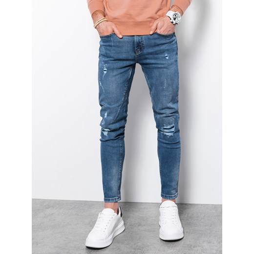 Spodnie męskie jeansowe z przetarciami SLIM FIT - niebieskie P935 XL okazja ombre