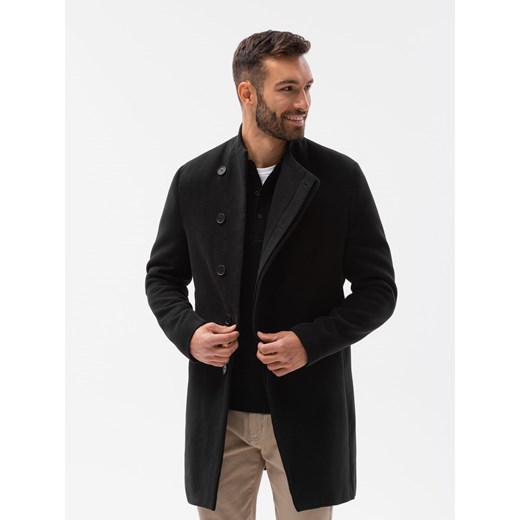 Płaszcz męski z asymetrycznym zapięciem - czarny V2 OM-COWC-0102 ze sklepu ombre w kategorii Płaszcze męskie - zdjęcie 159247711