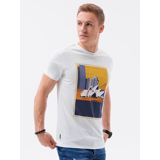 T-shirt męski z nadrukiem - biały V7A S1434 ze sklepu ombre w kategorii T-shirty męskie - zdjęcie 159249280