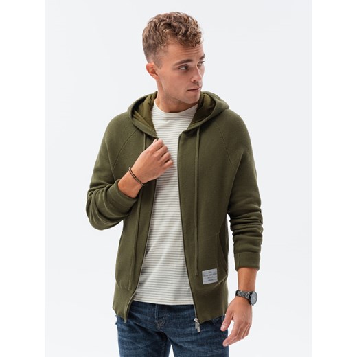 Sweter męski rozpinany na suwak z kapturem - oliwkowy V3 E186 XXL promocyjna cena ombre