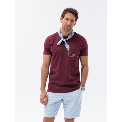 T-shirt męski bawełniany z nadrukiem na kieszonce - bordowy V3 S1742 ze sklepu ombre w kategorii T-shirty męskie - zdjęcie 159250394