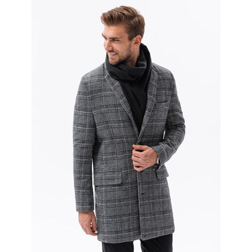 Jednorzędowy płaszcz męski w kratę - czarny V2 C499 ze sklepu ombre w kategorii Płaszcze męskie - zdjęcie 159251112
