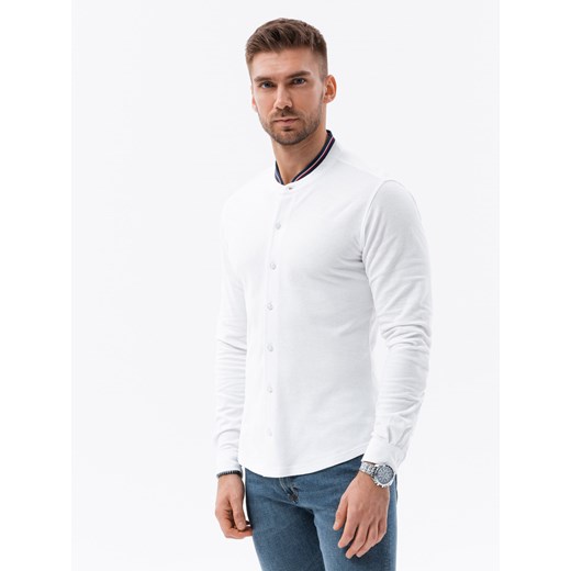 Koszula męska dzianinowa z długim rękawem - biała V1 K542 ze sklepu ombre w kategorii Koszule męskie - zdjęcie 159251613