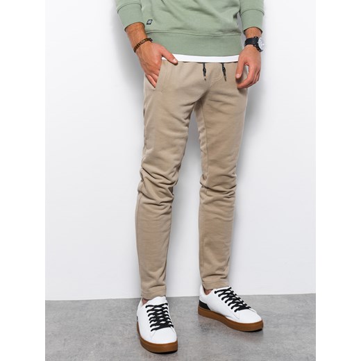 Spodnie męskie dresowe bez ściągacza na nogawce - beżowe V4 P946 ze sklepu ombre w kategorii Spodnie męskie - zdjęcie 159251632