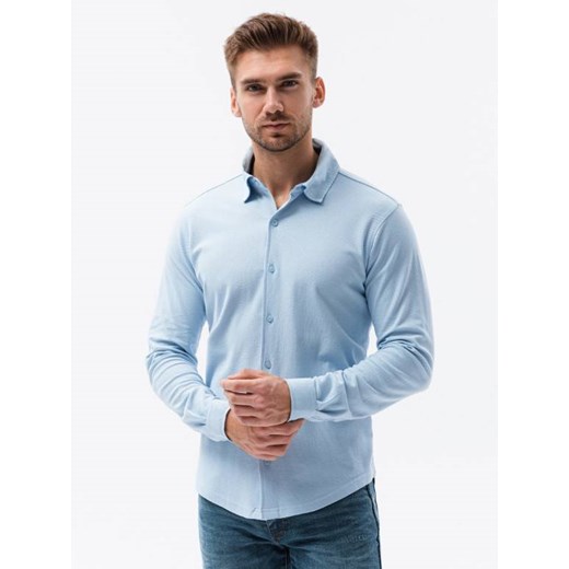 Koszula męska dzianinowa z długim rękawem - niebieska V3 K540 ze sklepu ombre w kategorii Koszule męskie - zdjęcie 159251713