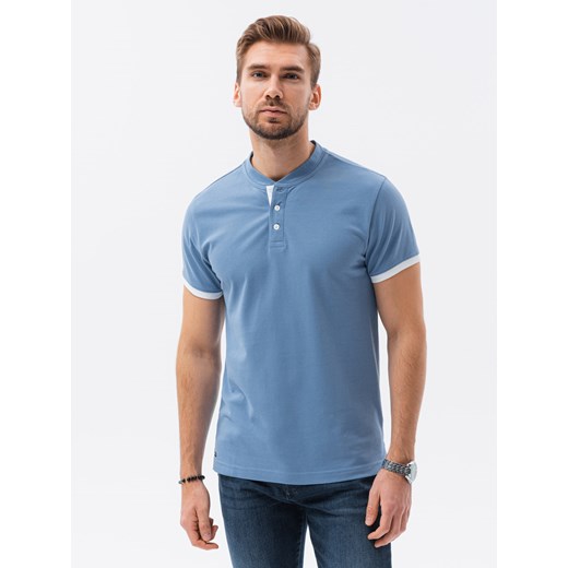 T-shirt męski polo bez kołnierzyka - niebieski V3 S1381 M ombre