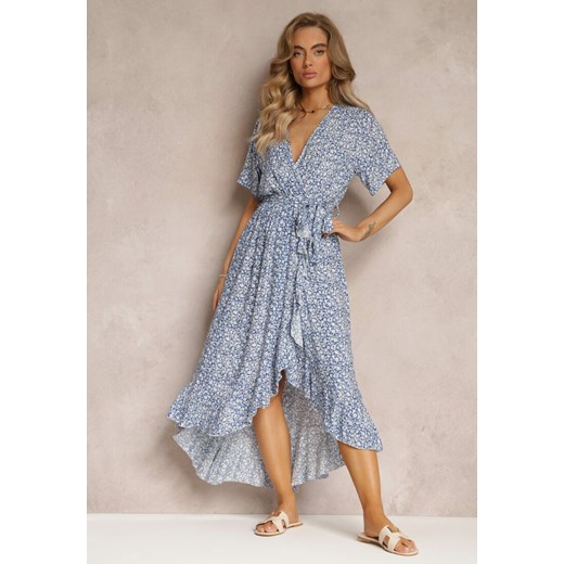 Niebieska Kwiecista Sukienka Midi z Gumką i Materiałowym Paskiem w Talii Hidrett Renee L promocja Renee odzież