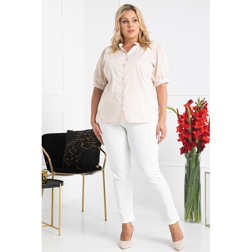 Bluzka elegancka zapinana na guziczki stójka z falbanką EMILKA beżowa Karko wyprzedaż karko.pl