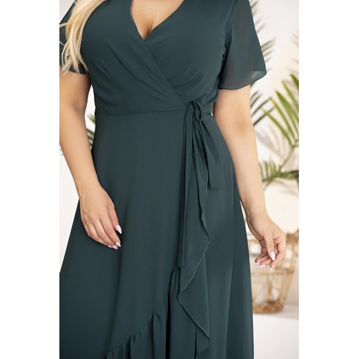 Sukienka kopertowa rozkloszowan z falbaną GRACE butelkowa zieleń Karko promocyjna cena karko.pl