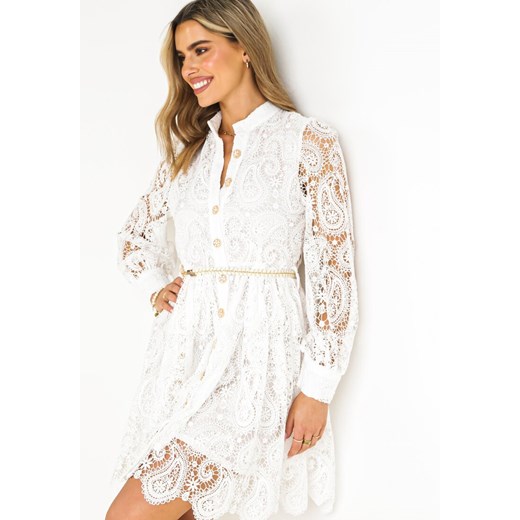 Biała Koronkowa Sukienka z Plecionym Paskiem Ilvila ze sklepu Born2be Odzież w kategorii Sukienki - zdjęcie 159316634