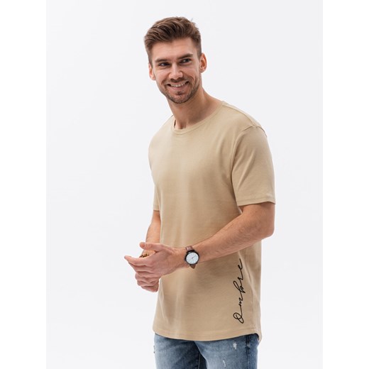 T-shirt męski bawełniany z nadrukiem - beżowy V2 S1387 XXL wyprzedaż ombre