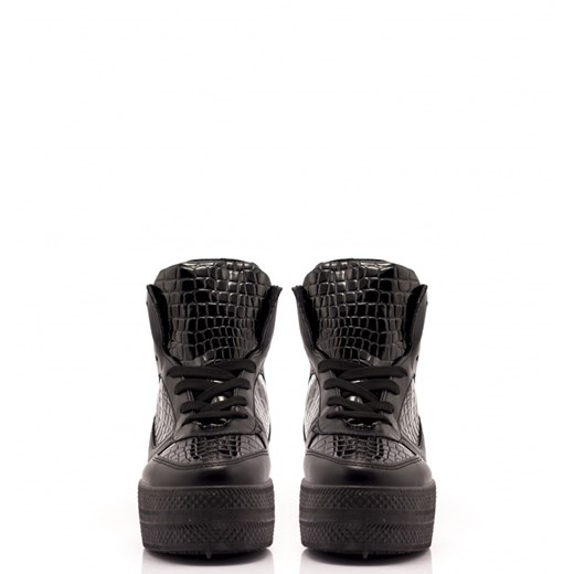 Czarne Trampki Black Leather Sneakers High born2be-pl szary skóra ekologiczna