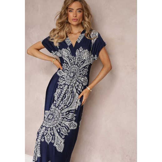Granatowa Sukienka Maxi w Etniczny Wzór Josanie Renee M Renee odzież okazja