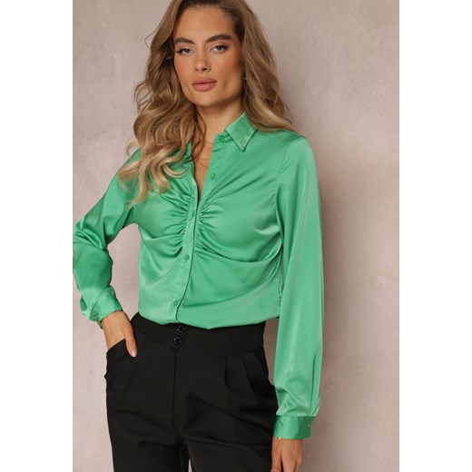 Zielona Marszczona Elegancka Koszula z Satyny Kaldei ze sklepu Renee odzież w kategorii Koszule damskie - zdjęcie 159331914