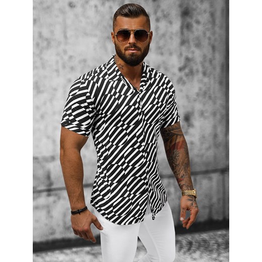 Koszula męska z krótkim rękawem czarno-biała OZONEE E/1400/154 ze sklepu ozonee.pl w kategorii Koszule męskie - zdjęcie 159332053