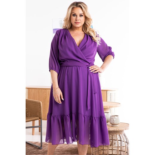 Sukienka na wesele szyfonowa zwiewna falbanka GERARDA fioletowa Karko 54/56 karko.pl