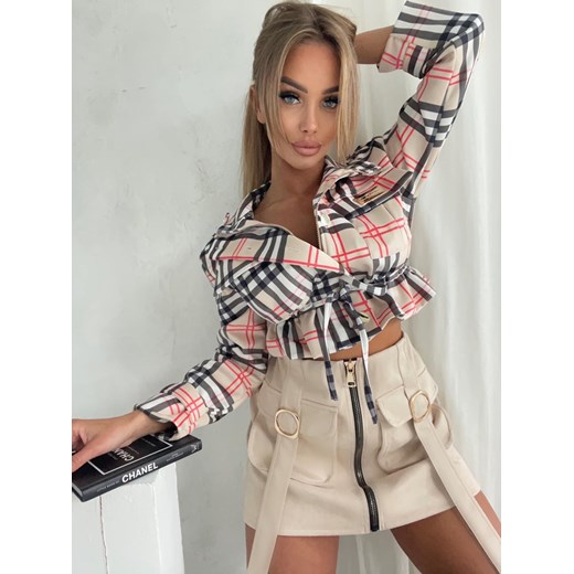 Kurtka beżowa w kraciasty print La Mode W390 Agatha ONE SIZE Charlotte Fashion
