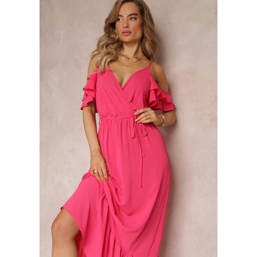 Fuksjowa Sukienka Maxi Open Shoulder na Cienkich Ramiączkach z Gumką w Talii Renee XL/XXL Renee odzież promocja