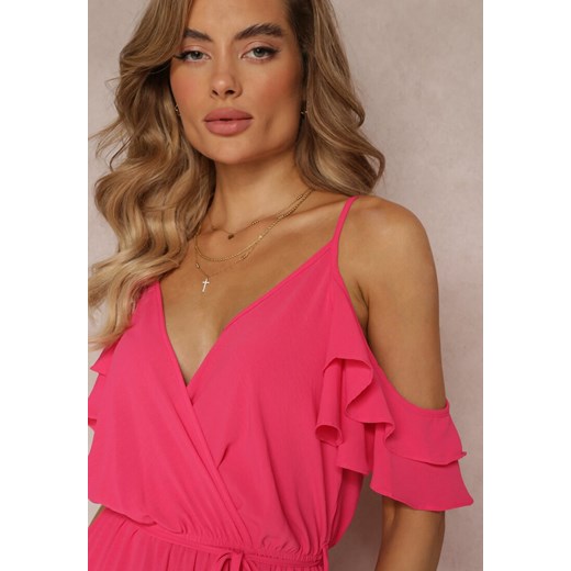 Fuksjowa Sukienka Maxi Open Shoulder na Cienkich Ramiączkach z Gumką w Talii Renee M/L wyprzedaż Renee odzież