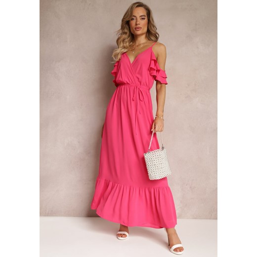 Fuksjowa Sukienka Maxi Open Shoulder na Cienkich Ramiączkach z Gumką w Talii Renee M/L wyprzedaż Renee odzież